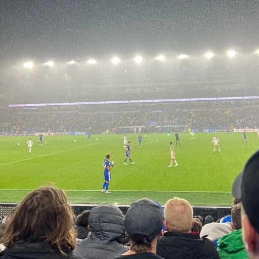 Match in progress at Cardiff City Stadium under the floodlights